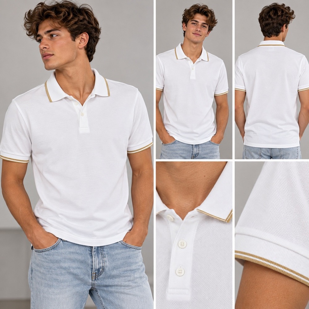 Boast USA Mens White Cotton Pique Polo Shirt Gold Tipped Trim Size Large
